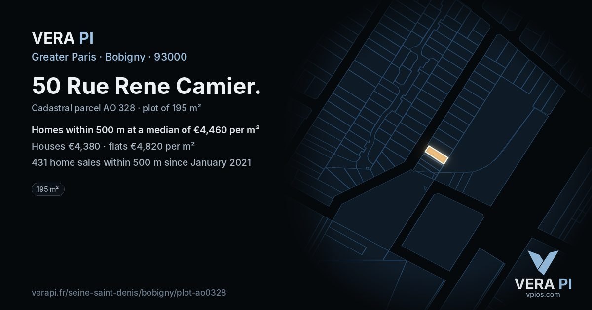 50 Rue Rene Camier, Bobigny at night – the plot lit, the parcels around coloured by the prices near them