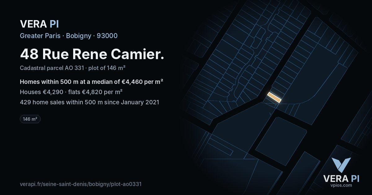 48 Rue Rene Camier, Bobigny at night – the plot lit, the parcels around coloured by the prices near them
