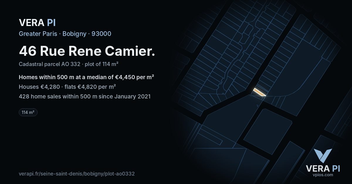 46 Rue Rene Camier, Bobigny at night – the plot lit, the parcels around coloured by the prices near them