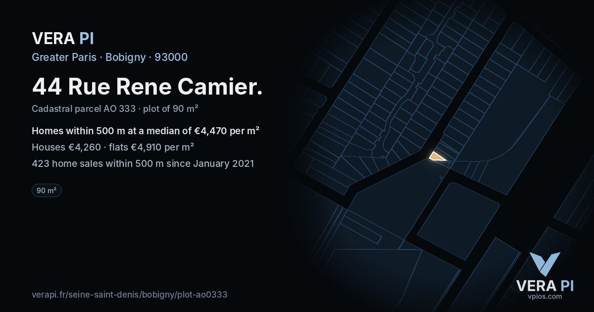 44 Rue Rene Camier, Bobigny at night – the plot lit, the parcels around coloured by the prices near them