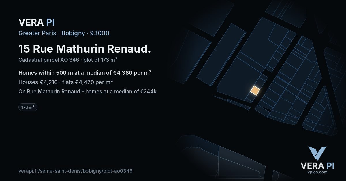15 Rue Mathurin Renaud, Bobigny at night – the plot lit, the parcels around coloured by the prices near them