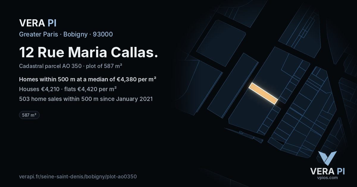 12 Rue Maria Callas, Bobigny at night – the plot lit, the parcels around coloured by the prices near them