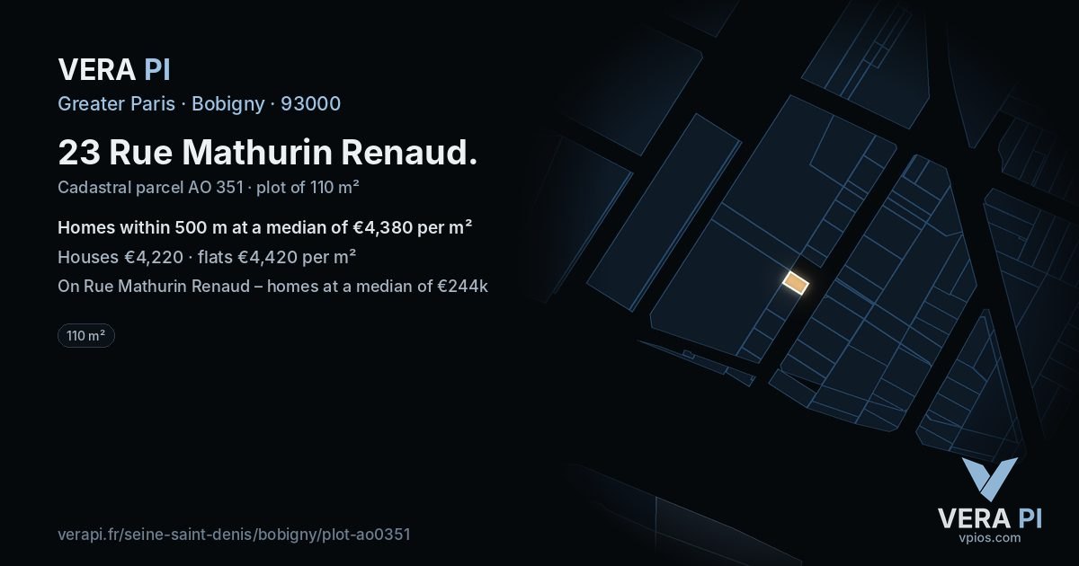 23 Rue Mathurin Renaud, Bobigny at night – the plot lit, the parcels around coloured by the prices near them