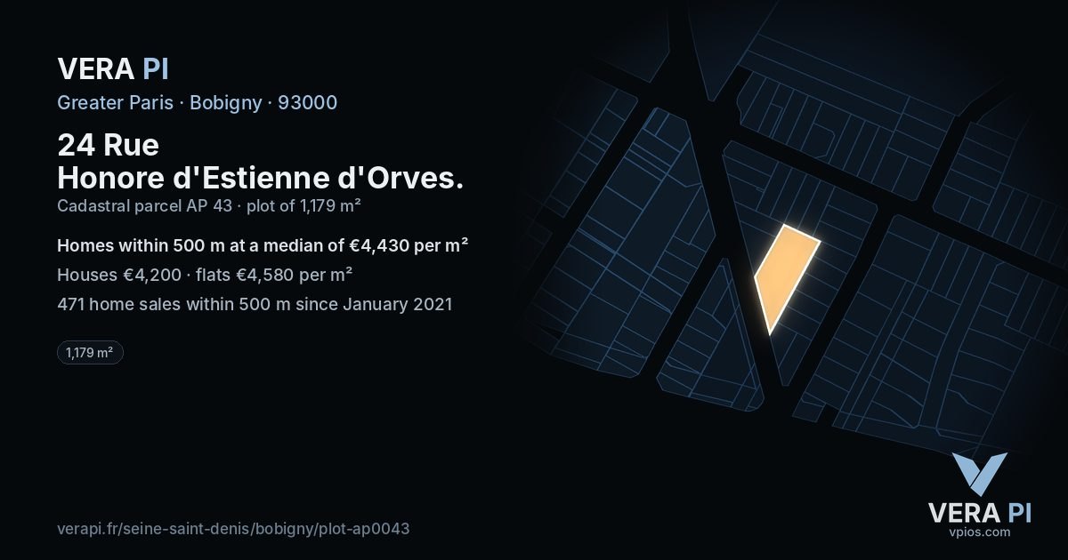 24 Rue Honore d'Estienne d'Orves, Bobigny at night – the plot lit, the parcels around coloured by the prices near them