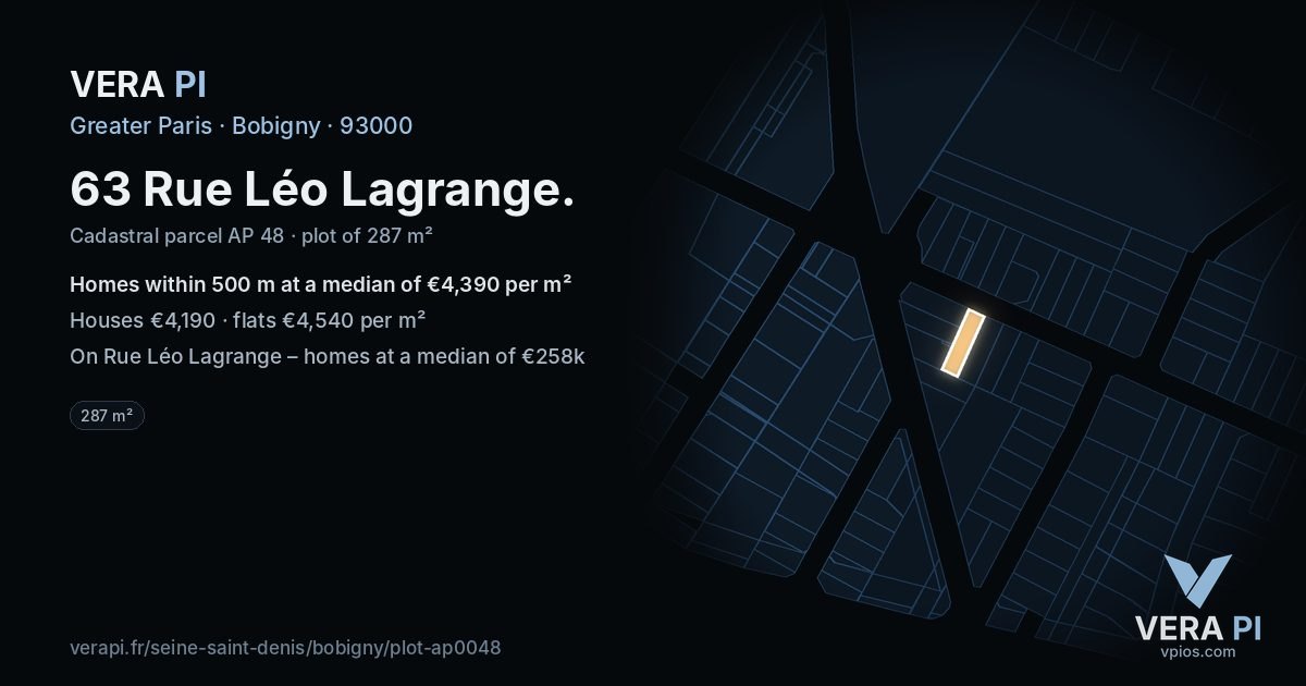 63 Rue Léo Lagrange, Bobigny at night – the plot lit, the parcels around coloured by the prices near them