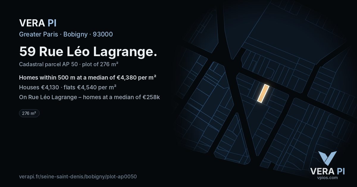 59 Rue Léo Lagrange, Bobigny at night – the plot lit, the parcels around coloured by the prices near them