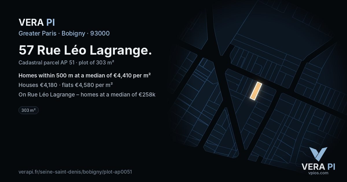 57 Rue Léo Lagrange, Bobigny at night – the plot lit, the parcels around coloured by the prices near them