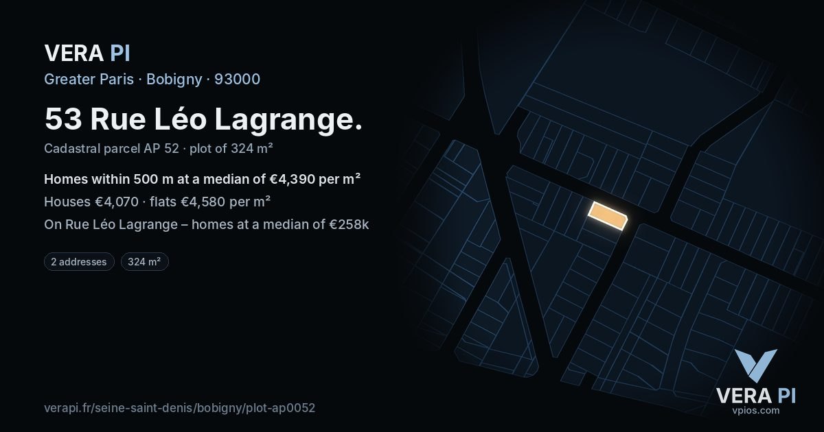 53 Rue Léo Lagrange, Bobigny at night – the plot lit, the parcels around coloured by the prices near them