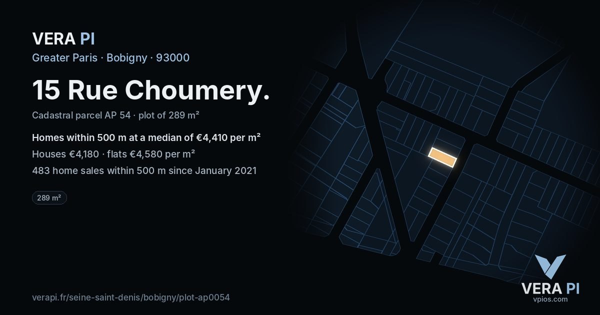 15 Rue Choumery, Bobigny at night – the plot lit, the parcels around coloured by the prices near them