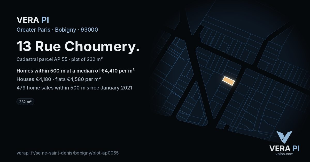 13 Rue Choumery, Bobigny at night – the plot lit, the parcels around coloured by the prices near them