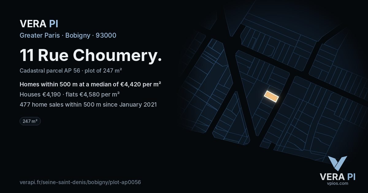 11 Rue Choumery, Bobigny at night – the plot lit, the parcels around coloured by the prices near them