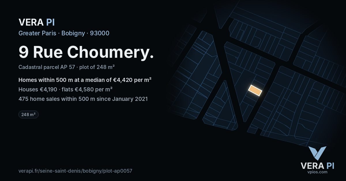 9 Rue Choumery, Bobigny at night – the plot lit, the parcels around coloured by the prices near them