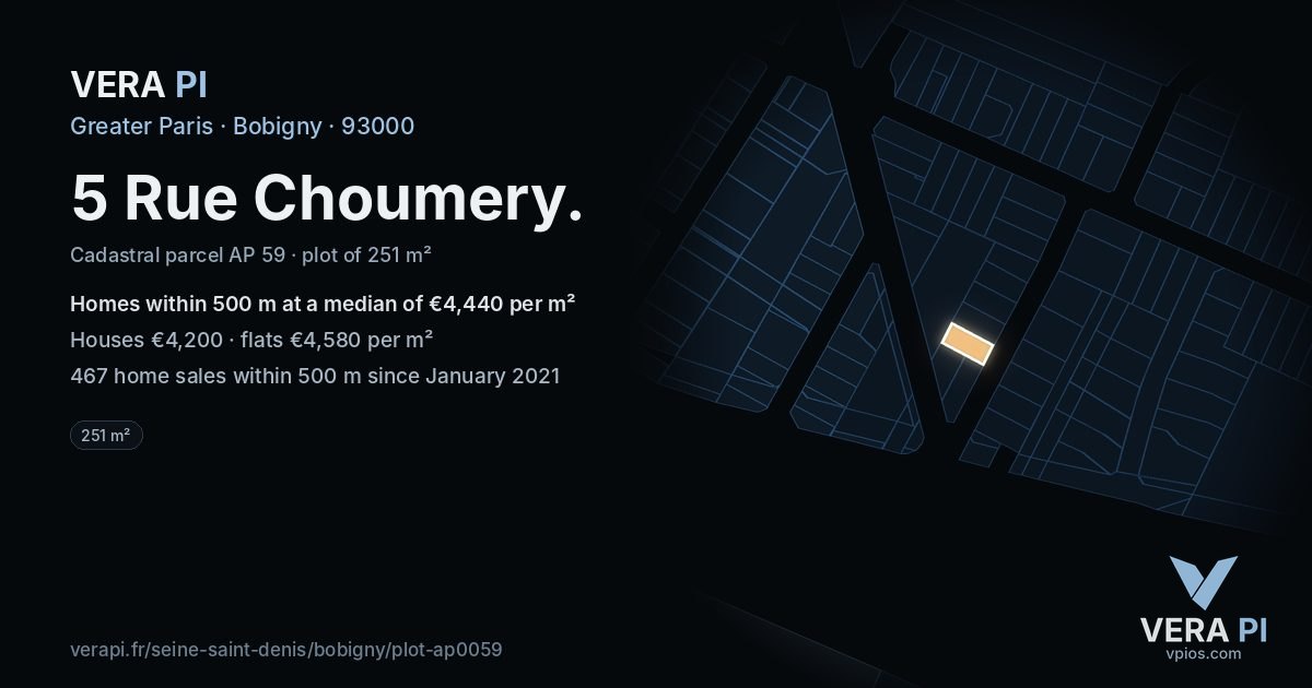 5 Rue Choumery, Bobigny at night – the plot lit, the parcels around coloured by the prices near them