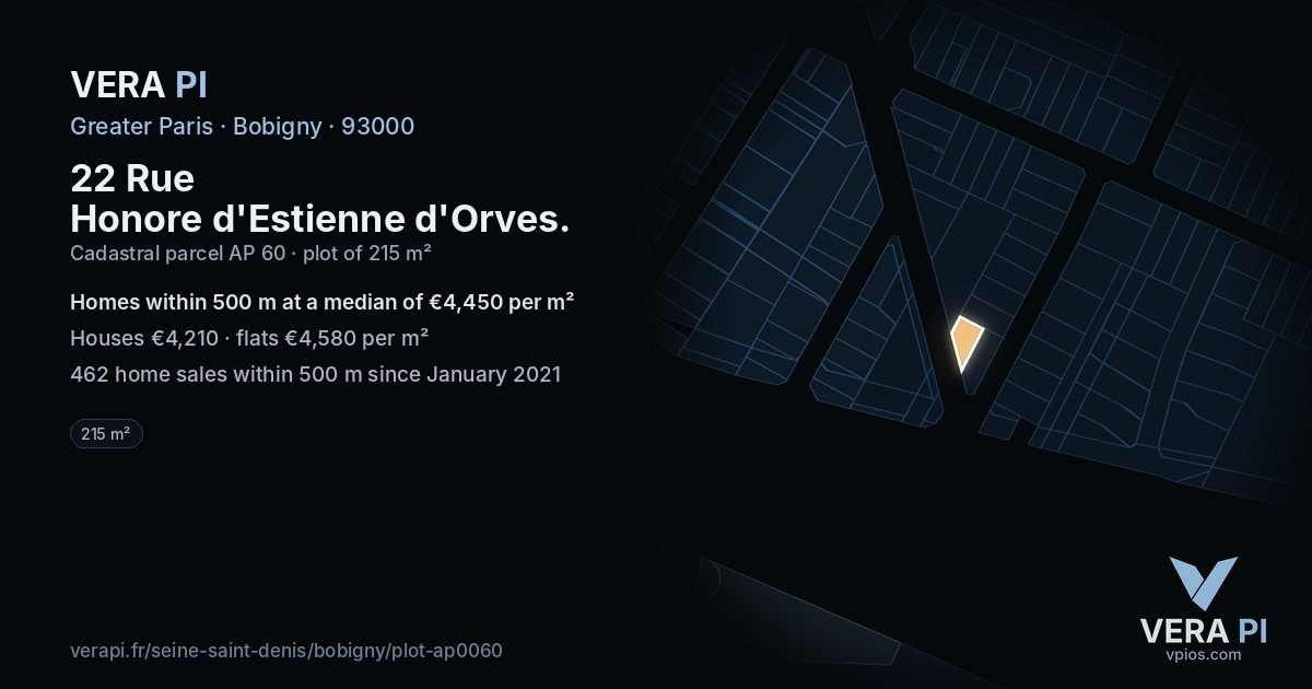 22 Rue Honore d'Estienne d'Orves, Bobigny at night – the plot lit, the parcels around coloured by the prices near them
