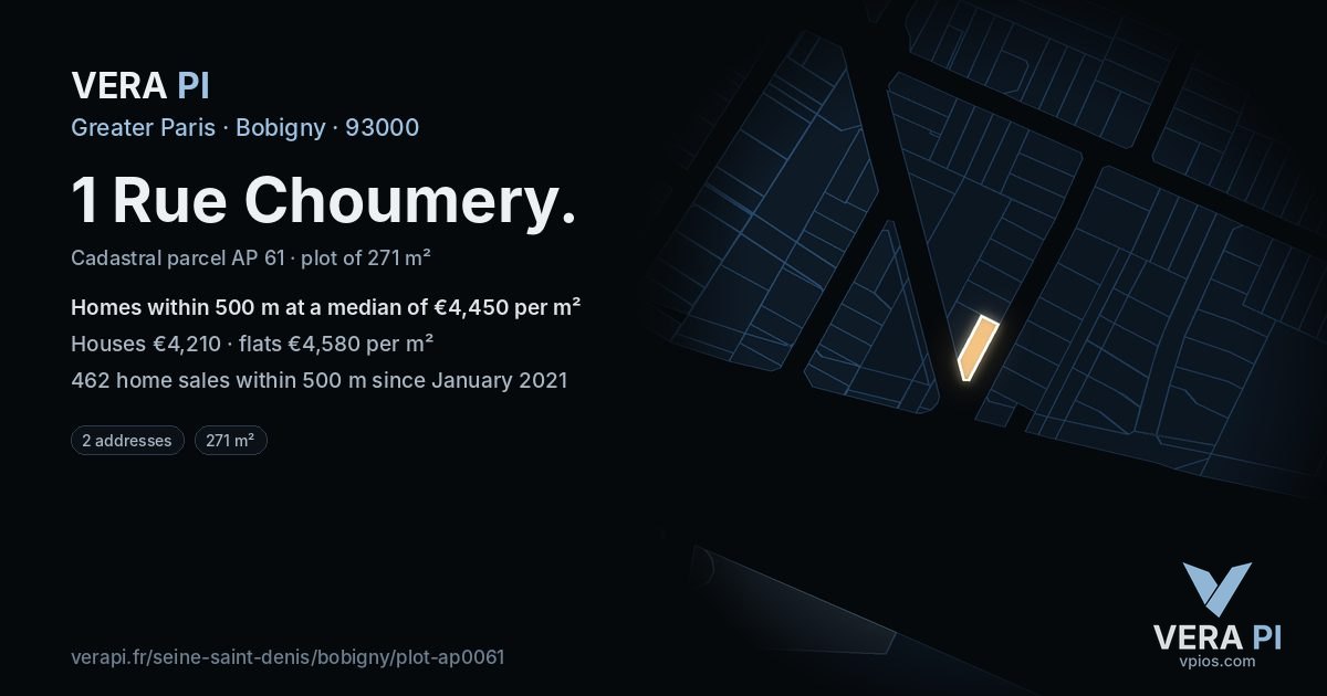 1 Rue Choumery, Bobigny at night – the plot lit, the parcels around coloured by the prices near them