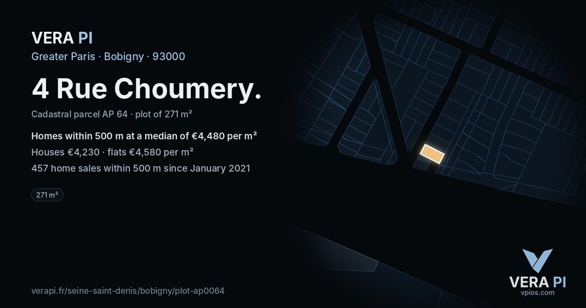 4 Rue Choumery, Bobigny at night – the plot lit, the parcels around coloured by the prices near them