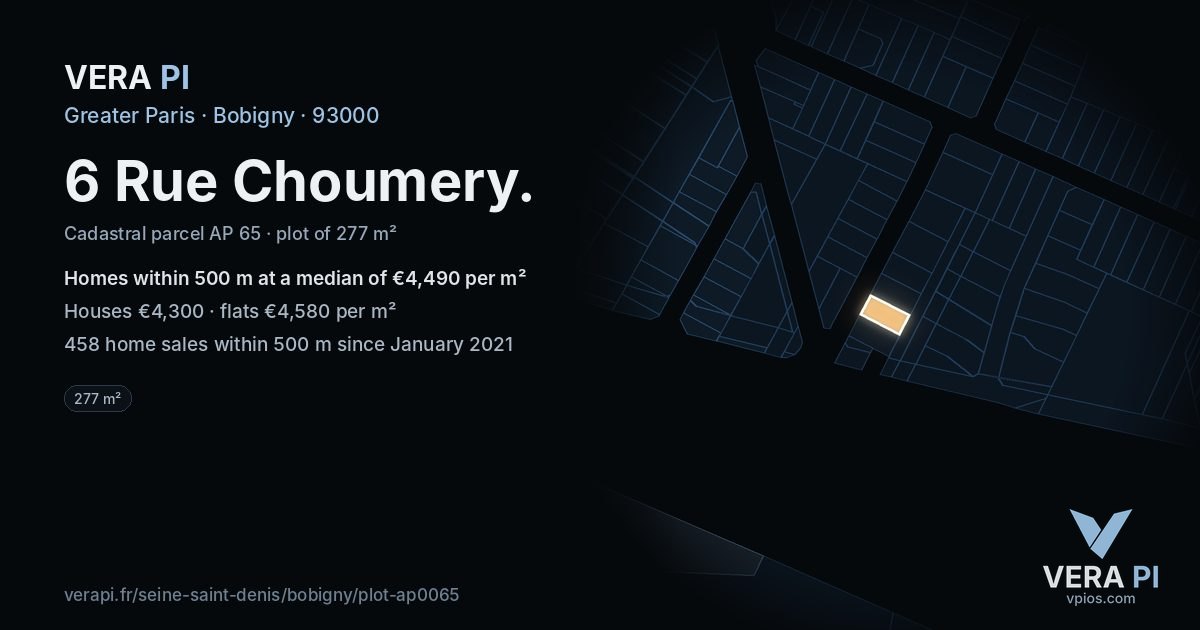 6 Rue Choumery, Bobigny at night – the plot lit, the parcels around coloured by the prices near them
