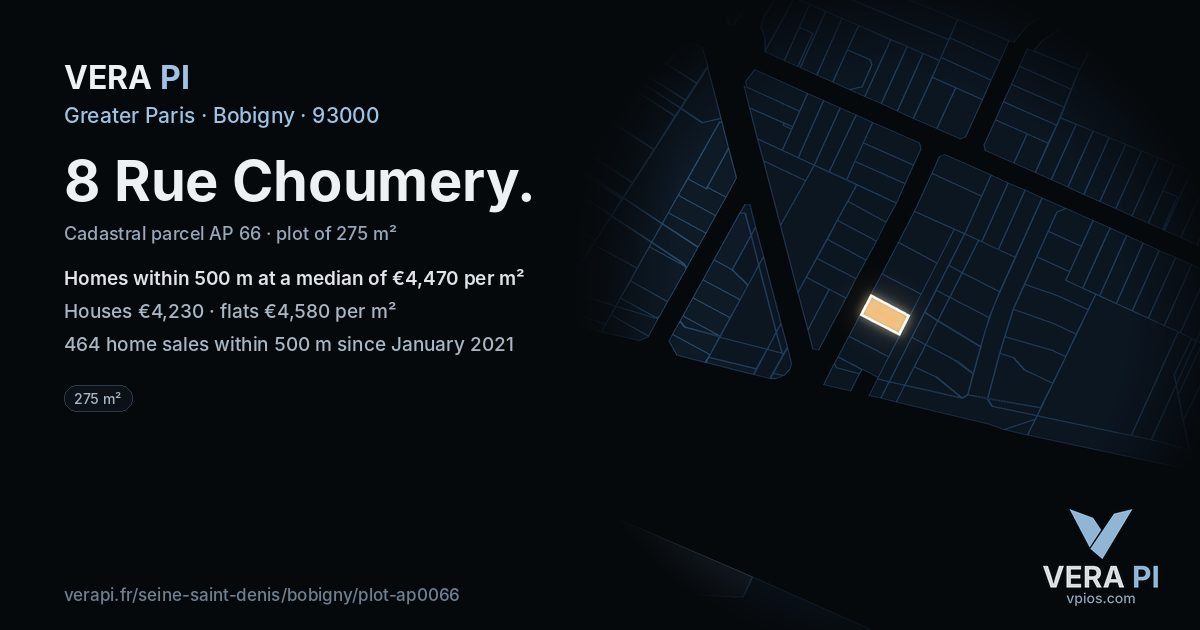 8 Rue Choumery, Bobigny at night – the plot lit, the parcels around coloured by the prices near them