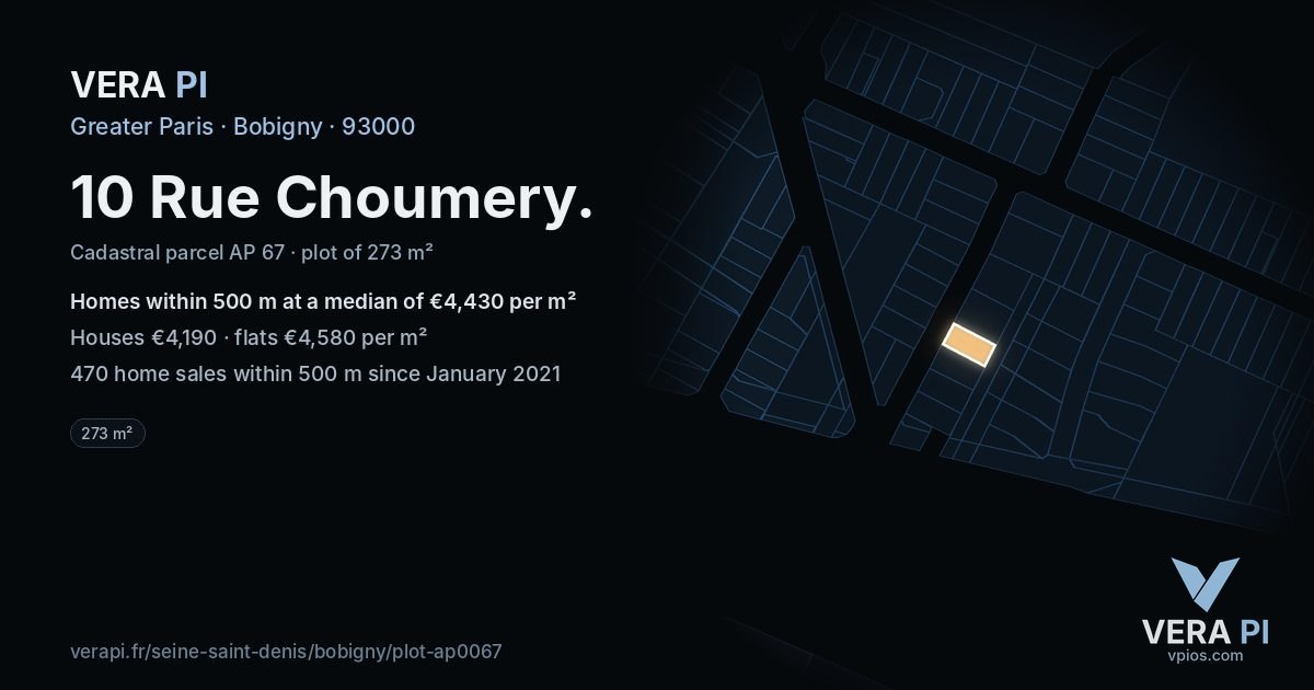 10 Rue Choumery, Bobigny at night – the plot lit, the parcels around coloured by the prices near them