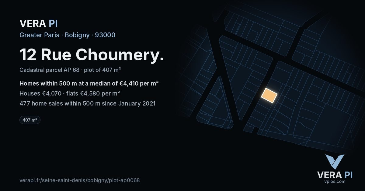 12 Rue Choumery, Bobigny at night – the plot lit, the parcels around coloured by the prices near them