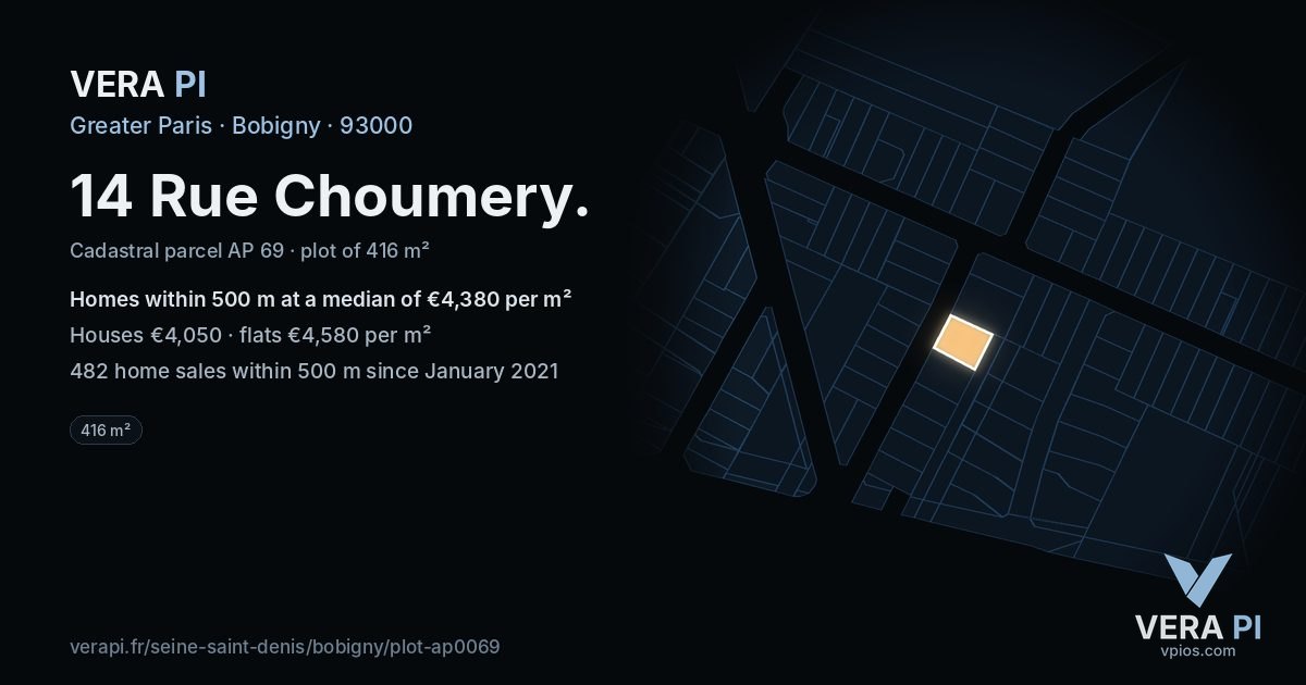 14 Rue Choumery, Bobigny at night – the plot lit, the parcels around coloured by the prices near them
