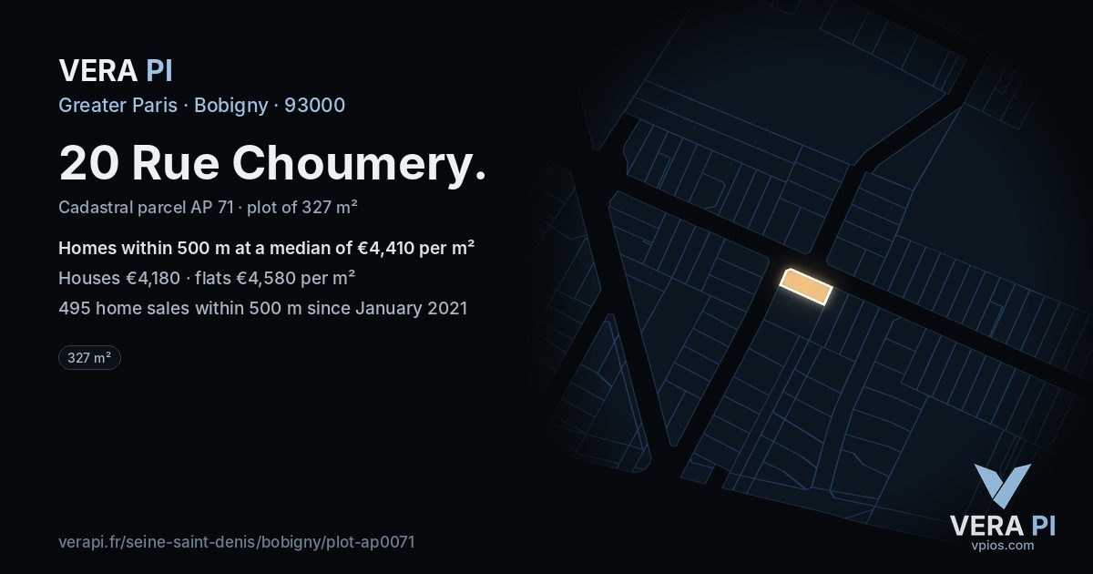 20 Rue Choumery, Bobigny at night – the plot lit, the parcels around coloured by the prices near them