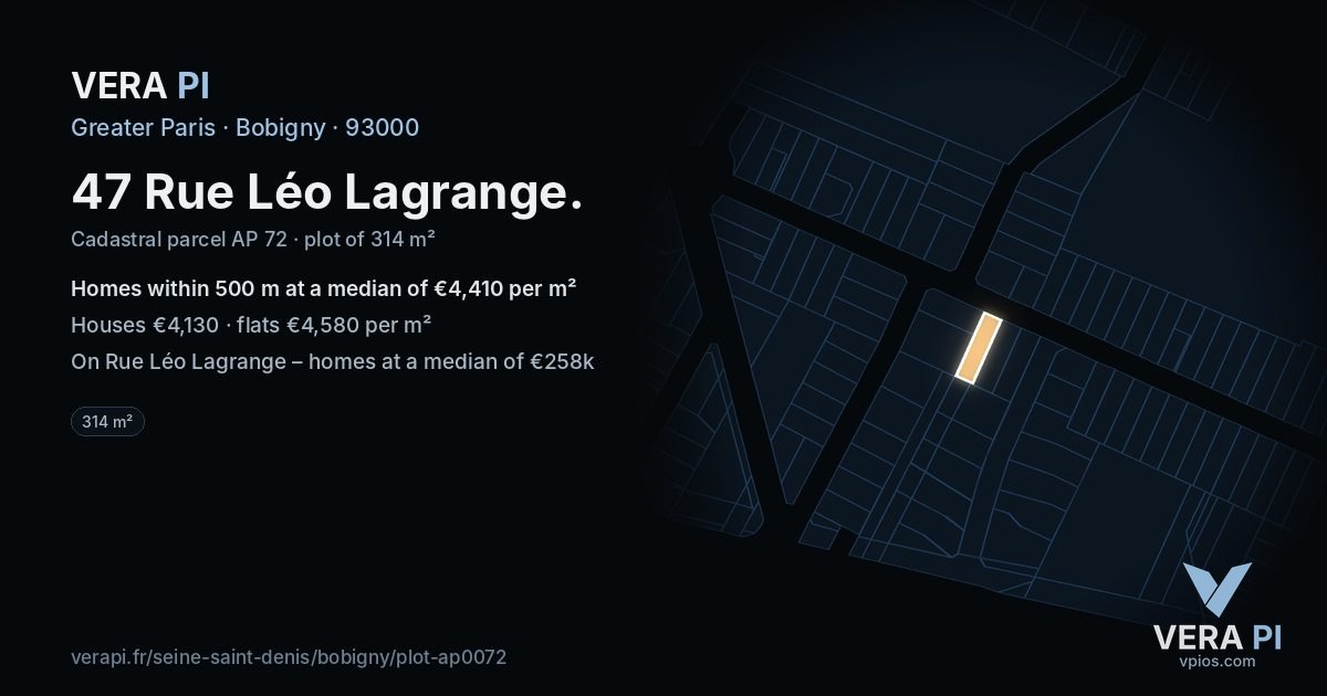 47 Rue Léo Lagrange, Bobigny at night – the plot lit, the parcels around coloured by the prices near them