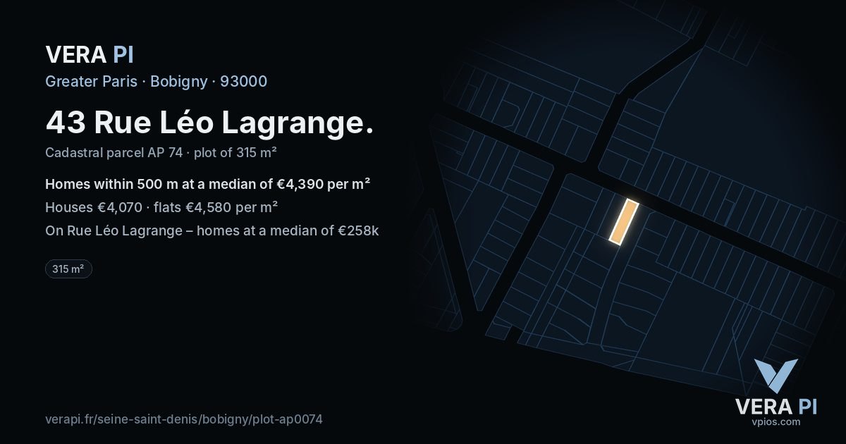 43 Rue Léo Lagrange, Bobigny at night – the plot lit, the parcels around coloured by the prices near them