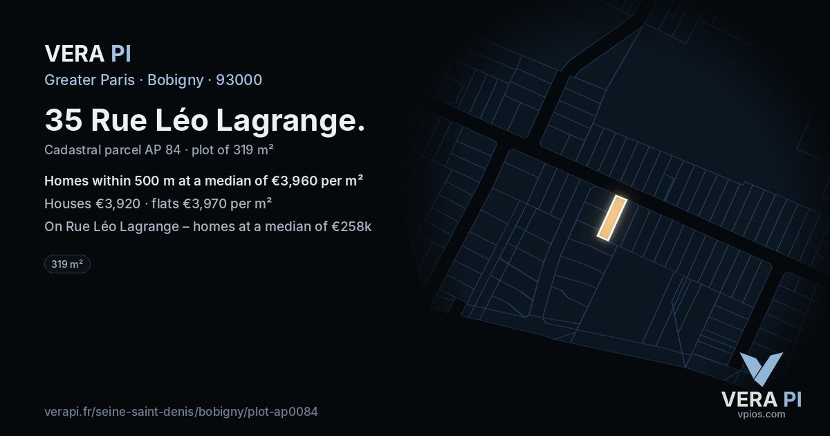 35 Rue Léo Lagrange, Bobigny at night – the plot lit, the parcels around coloured by the prices near them