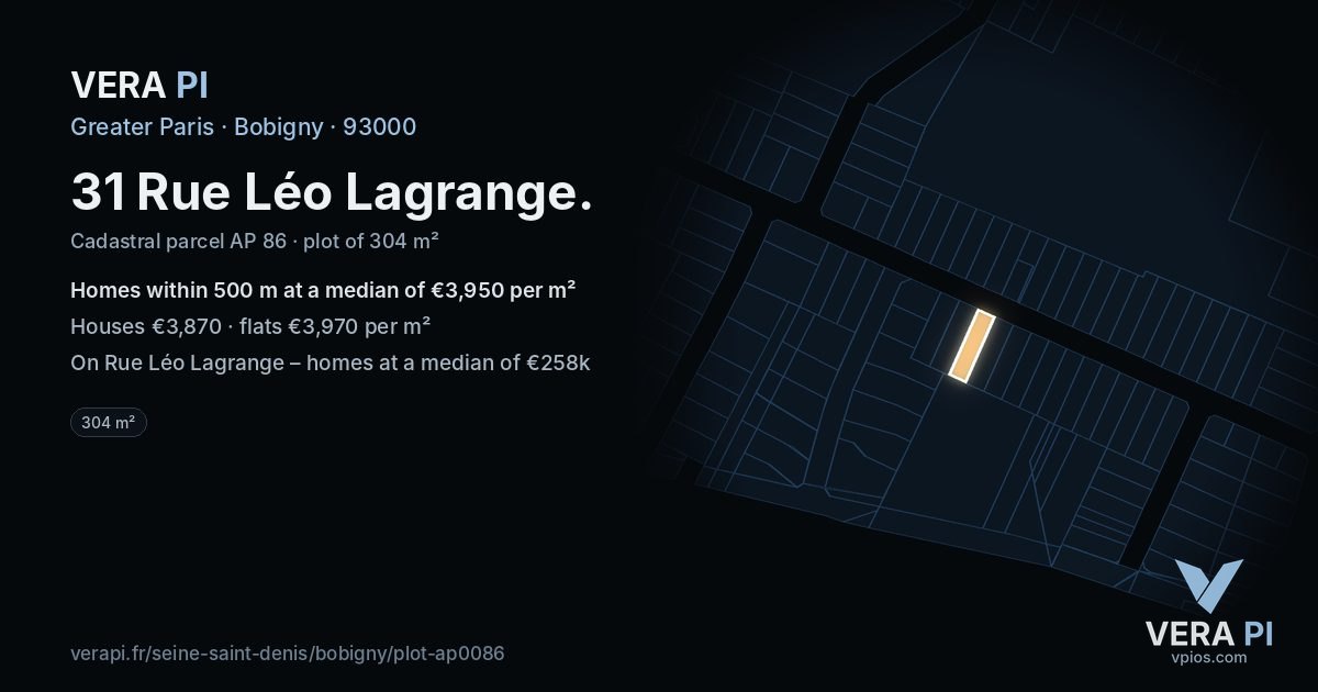 31 Rue Léo Lagrange, Bobigny at night – the plot lit, the parcels around coloured by the prices near them