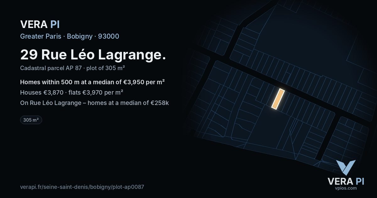 29 Rue Léo Lagrange, Bobigny at night – the plot lit, the parcels around coloured by the prices near them