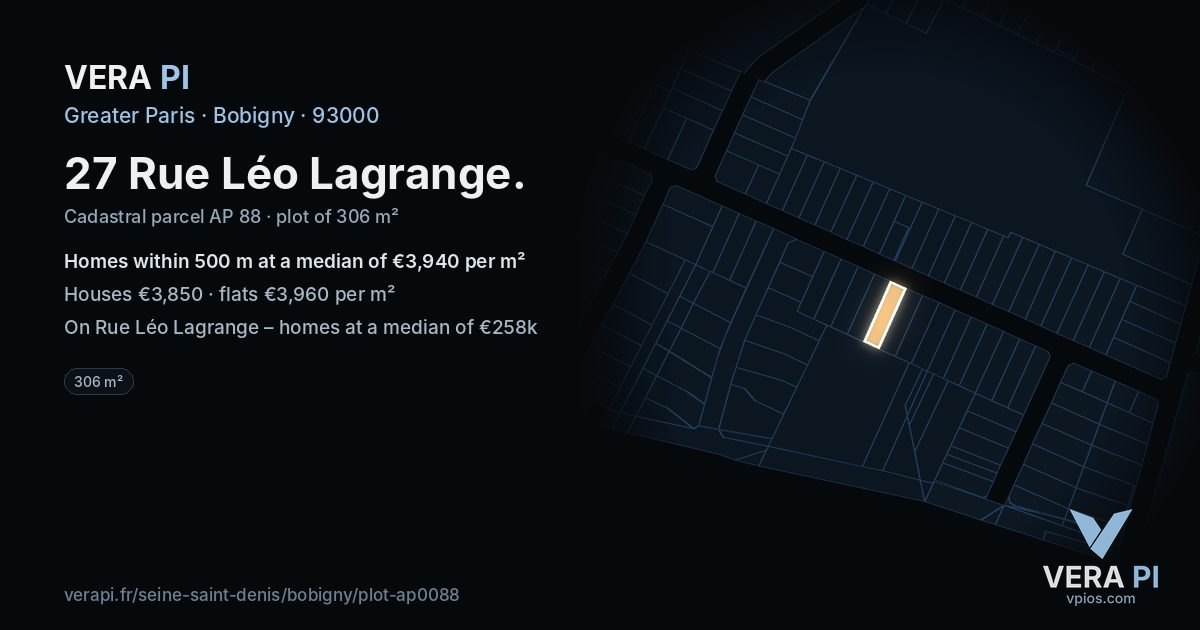 27 Rue Léo Lagrange, Bobigny at night – the plot lit, the parcels around coloured by the prices near them