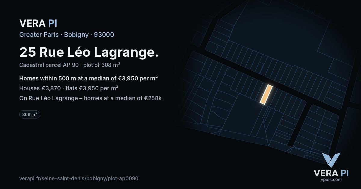 25 Rue Léo Lagrange, Bobigny at night – the plot lit, the parcels around coloured by the prices near them