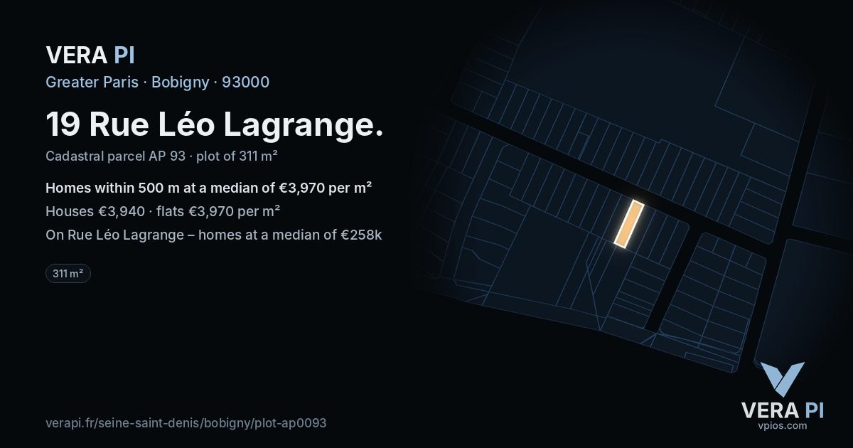 19 Rue Léo Lagrange, Bobigny at night – the plot lit, the parcels around coloured by the prices near them
