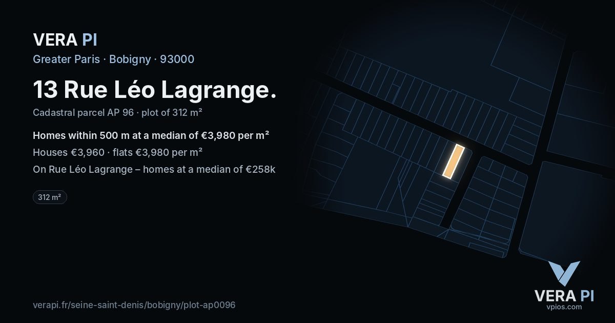 13 Rue Léo Lagrange, Bobigny at night – the plot lit, the parcels around coloured by the prices near them