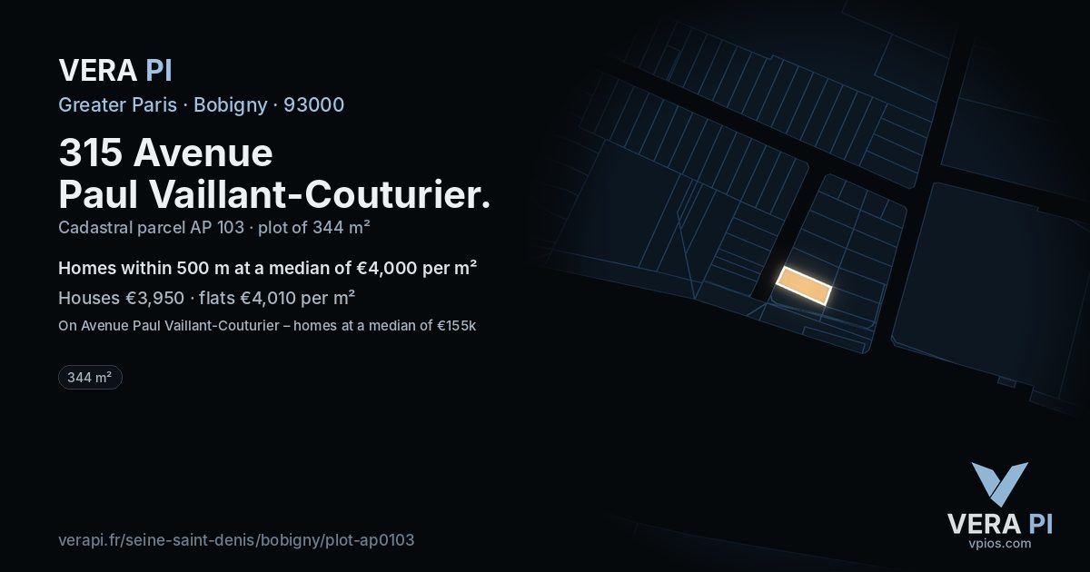 315 Avenue Paul Vaillant-Couturier, Bobigny at night – the plot lit, the parcels around coloured by the prices near them