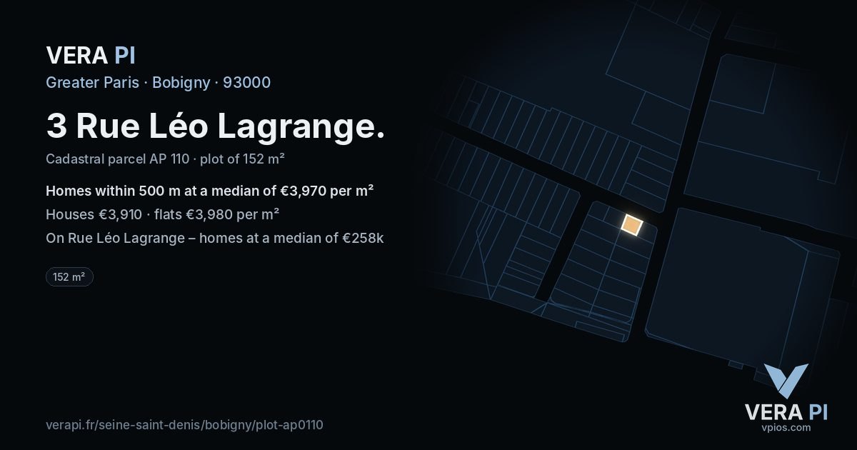 3 Rue Léo Lagrange, Bobigny at night – the plot lit, the parcels around coloured by the prices near them