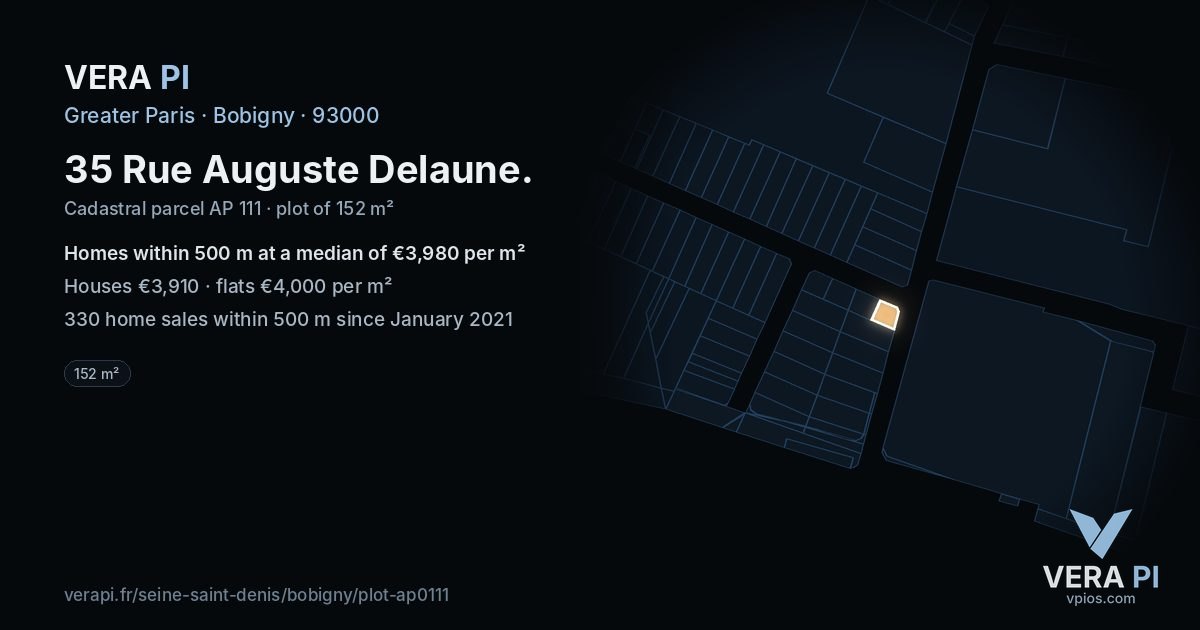 35 Rue Auguste Delaune, Bobigny at night – the plot lit, the parcels around coloured by the prices near them