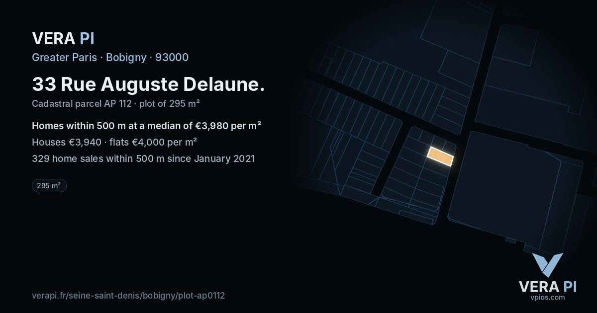 33 Rue Auguste Delaune, Bobigny at night – the plot lit, the parcels around coloured by the prices near them