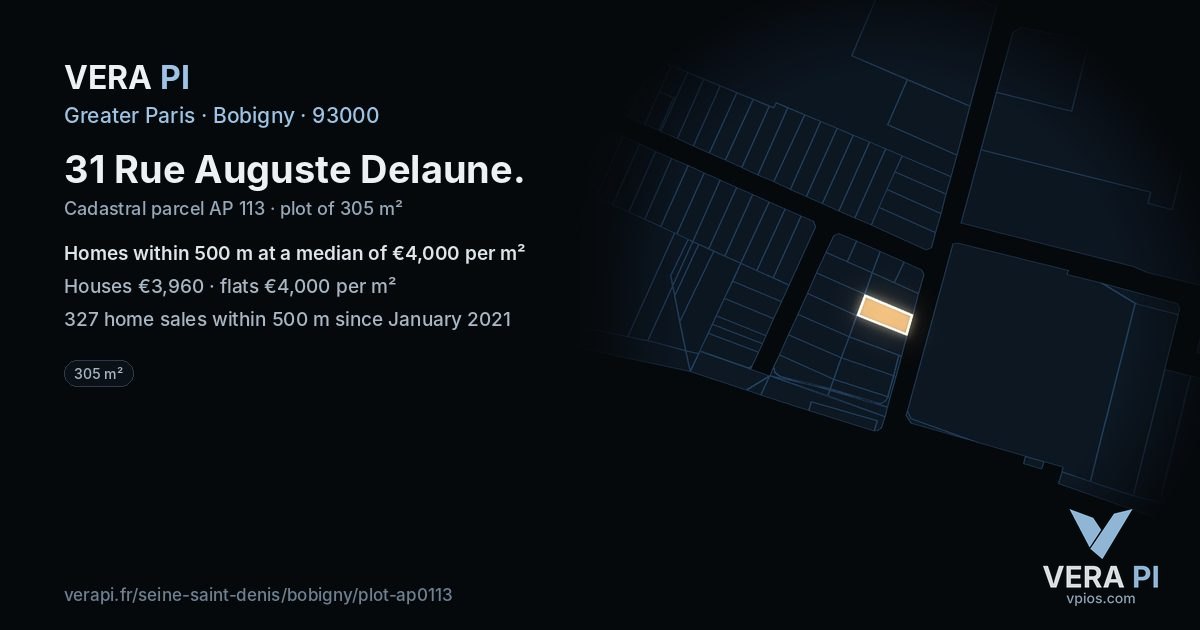 31 Rue Auguste Delaune, Bobigny at night – the plot lit, the parcels around coloured by the prices near them