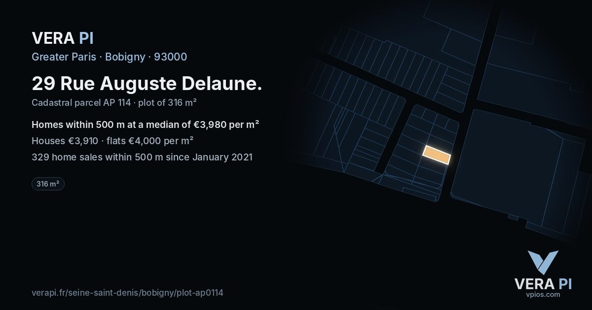 29 Rue Auguste Delaune, Bobigny at night – the plot lit, the parcels around coloured by the prices near them