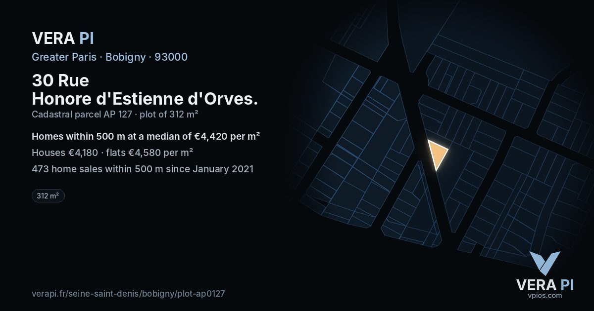 30 Rue Honore d'Estienne d'Orves, Bobigny at night – the plot lit, the parcels around coloured by the prices near them