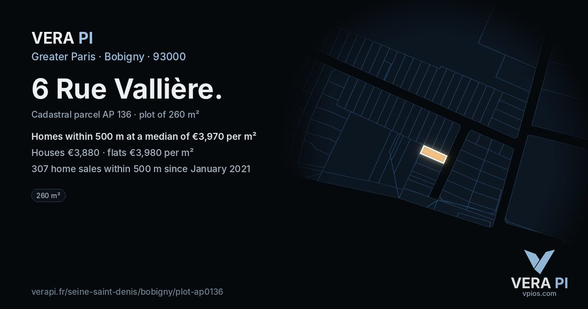 6 Rue Vallière, Bobigny at night – the plot lit, the parcels around coloured by the prices near them