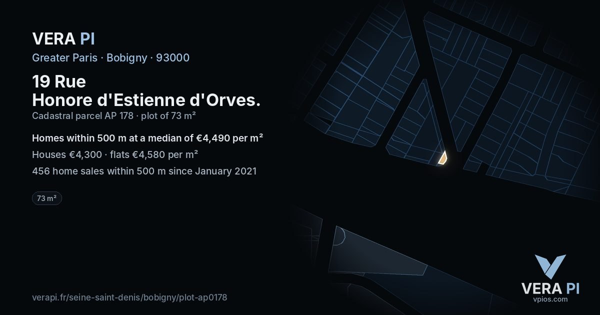 19 Rue Honore d'Estienne d'Orves, Bobigny at night – the plot lit, the parcels around coloured by the prices near them