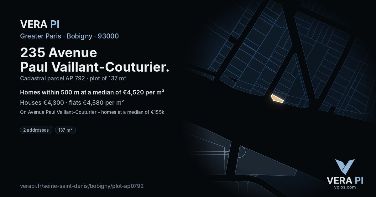 235 Avenue Paul Vaillant-Couturier, Bobigny at night – the plot lit, the parcels around coloured by the prices near them
