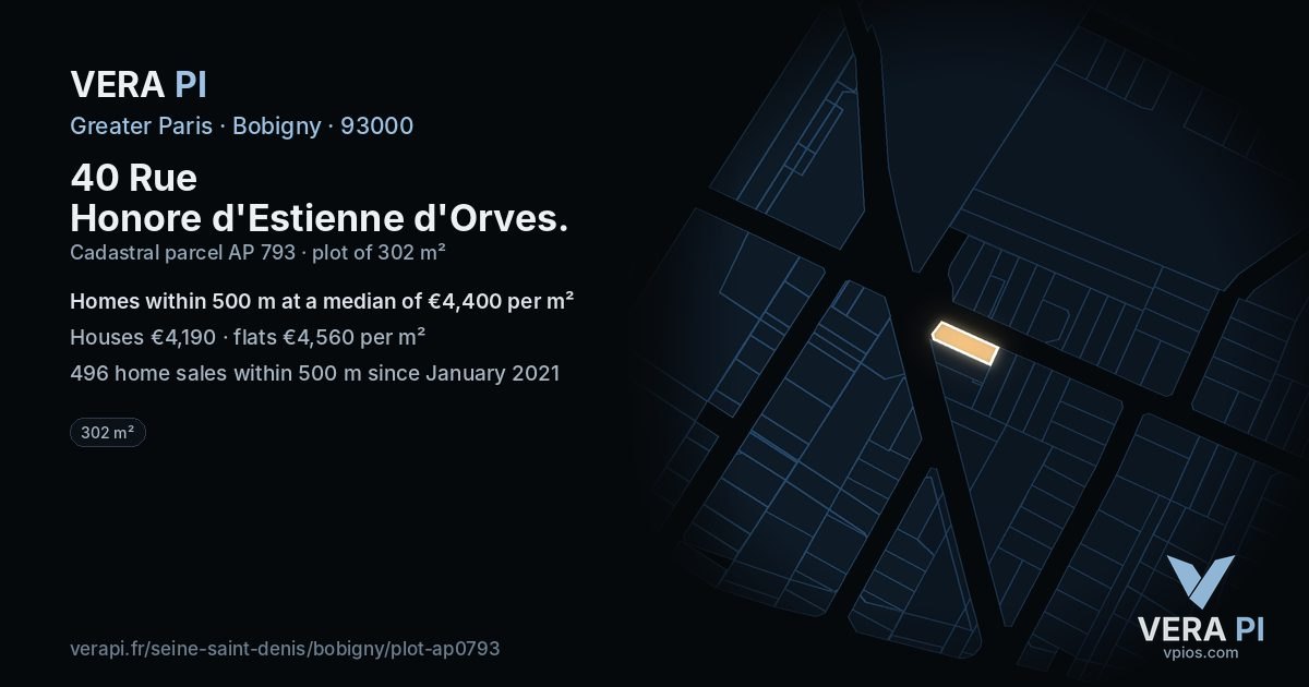 40 Rue Honore d'Estienne d'Orves, Bobigny at night – the plot lit, the parcels around coloured by the prices near them