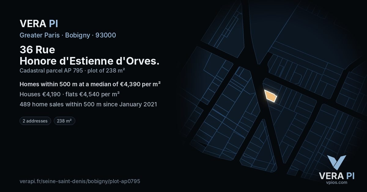 36 Rue Honore d'Estienne d'Orves, Bobigny at night – the plot lit, the parcels around coloured by the prices near them