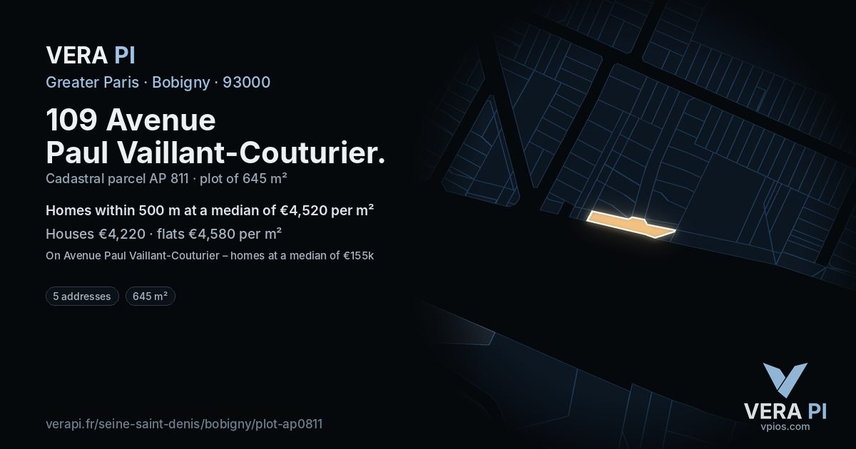 109 Avenue Paul Vaillant-Couturier, Bobigny at night – the plot lit, the parcels around coloured by the prices near them