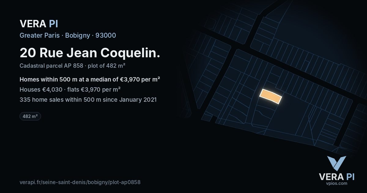 20 Rue Jean Coquelin, Bobigny at night – the plot lit, the parcels around coloured by the prices near them