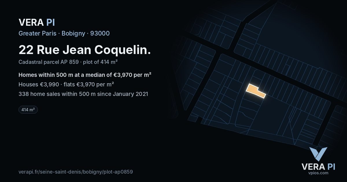 22 Rue Jean Coquelin, Bobigny at night – the plot lit, the parcels around coloured by the prices near them